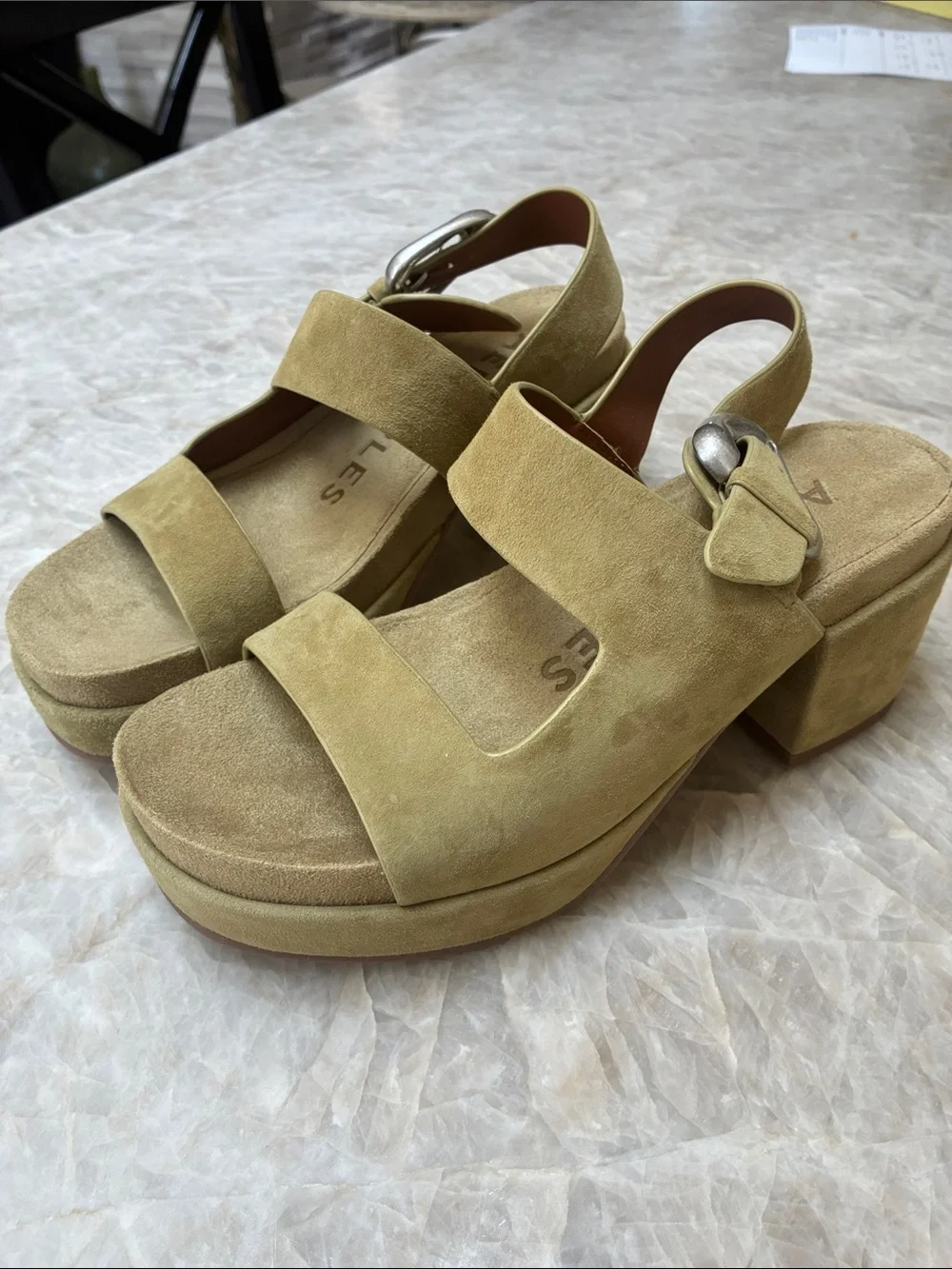 Suede Platform Block Heel Sandals in Olive - Women. New. Never worn.